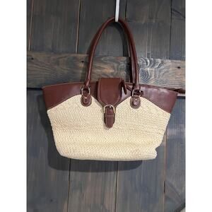 Vintage Etienne Aigner Purse Brown Straw Leather Shoulder Bag 19x11x5 Tote Rare